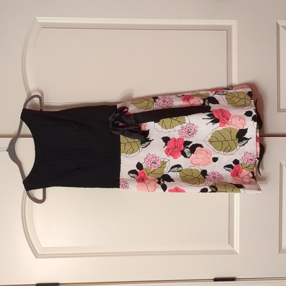 Black Bodice Floral Midi Dress with Waist Tie